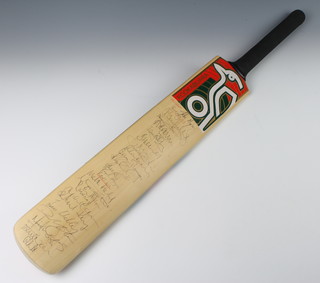A Kookaburra cricket bat signed by John Major President of Surrey County Cricket Club, The Surrey 11, The Kent 11, Richard Stilgoe, Dennis Cox, R Jefferson and others 