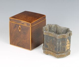 A Georgian mahogany square tea caddy with satinwood stringing 11cm x 10cm x 10cm (slight split to the top and timber let in) together with a 19th Century shaped lead caddy with chinoiserie decoration on bun feet 10cm x 10cm x 3cm 
