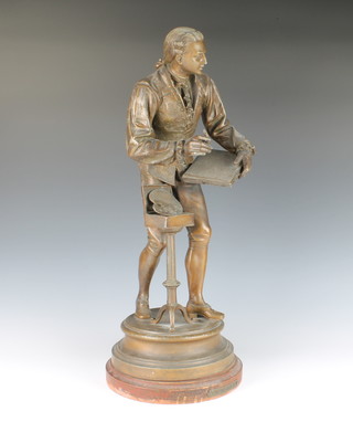 A 19th Century French spelter figure of a standing artist raised on a wooden socle base with plate marked Peintre Louis XI 22cm x 29cm diam. 