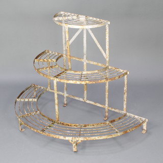 A 19th/20th Century metal 3 tier section of demi-lune garden plant staging 74cm h x 98cm w x 52cm d to the base, x 72cm w x 37d to the middle, x 40cm w x 22cm to the top 
