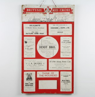 Of Horsham interest, a British Red Cross window poster with 9 Horsham firms including Horsham Steam Laundry, Elliot Middle Street, Evershed and Crips, Blackstones, Ye Olde Punch Bowl Cafe 62cm x 37cm (some light water damage to the top), together with an illuminated address to Alfred W Rawlison from the choir of St Mary's Church Horsham dated 1915 37cm x 42cm (water damage to bottom right hand corner) 