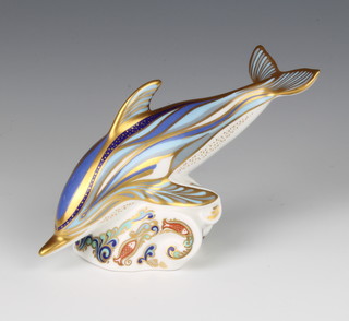 A Royal Crown Derby Imari pattern paperweight The Striped Dolphin with gold stopper, 15cm, boxed signed Sue Rowe
