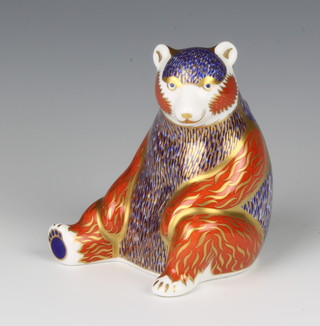 A Royal Crown Derby Imari pattern paperweight seated bear with silver stopper, 10cm, boxed