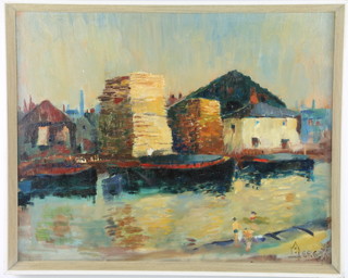 20th Century oil on board, monogrammed, a river view with figures and boats 39cm x 49cm 
