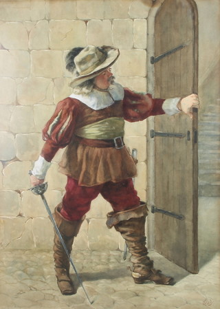 William John Wainwright (1855-1931), watercolour monogrammed, study of a musketeer opening a door 61cm x 44cm 