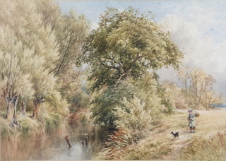 Thomas James Soper (1836-1890), watercolour signed, a riverscape with figure and dog 36cm x 51cm 