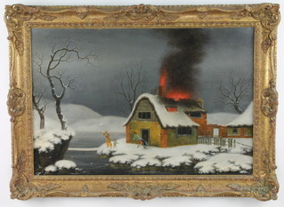 19th Century oil on canvas, unsigned, a naive study of a winter scene with thatched cottage on fire 42cm x 62cm 