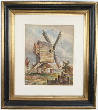 19th Century watercolour, unsigned, study of a Sussex postmill with figures, 38cm x 31cm 