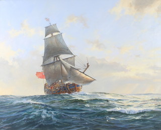 Geoff(rey) Hunt, (b1936) R.S.M.A., oil on canvas, signed, "The Nonsuch" maritime study in full sail, 59cm x 74cm 