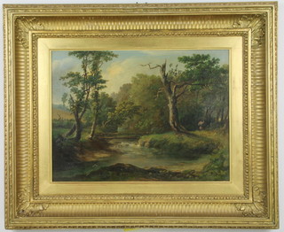 19th Century oil on canvas, inscribed, a river scene "A Quiet Nook by the side of the Plymouth Road, Nr Totnes Devon" 29cm x 39cm 