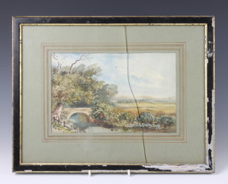 Edwardian watercolour, unsigned, a river scape with distant cattle 17cm x 26cm 