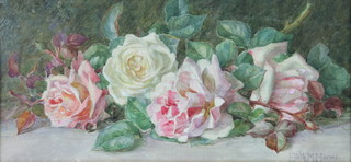 Edith M Harms, watercolour signed, study of roses 17cm x 37cm 