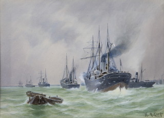 W H Earp, watercolour, signed, Colliers entering the Thames 16cm x 22.5cm 