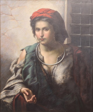 19th Century Continental oil on canvas, unsigned, study of a slave girl before a grilled window wearing a metal ring collar, red head scarf, fur lined top and cape, contained in a carved oak gilded scroll frame, 74cm x 62cm