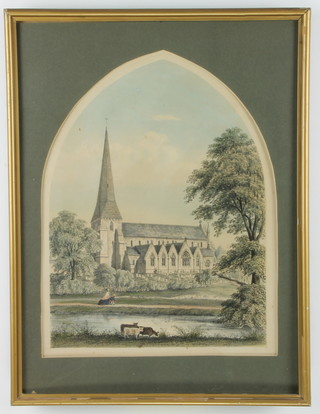 19th Century coloured engravings, interior and exterior of old Horsham church in arched mounts 31cm x 24cm 