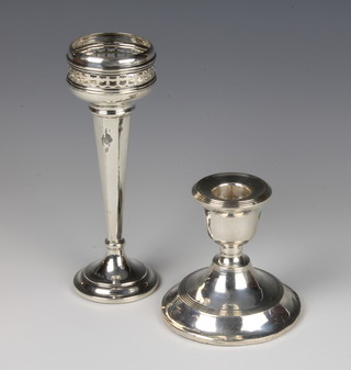 A silver tapered posy vase with pierced rim Birmingham 1916, 16cm and a silver dwarf candlestick 9cm 