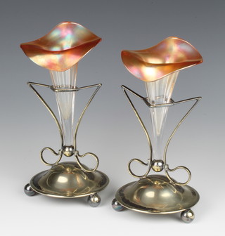 A pair of Edwardian plated epergnes with Art Glass vases 18cm 
