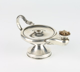 A Victorian silver lighter in the form of a Roman  oil lamp with serpent handle, London 1894, 185 grams 