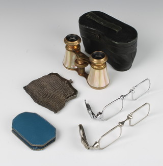 A sterling silver mesh purse, 2 pince nez and a pair of opera glasses 