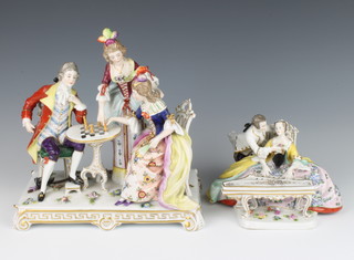 A Capodimonte group of a lady and gentleman sitting at a piano 15.5cm, do. of 3 figures playing chess raised on a Rococo base 21cm 