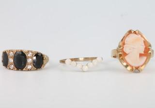 A 9ct yellow gold cameo ring size O, 2 gem set rings size M and N 