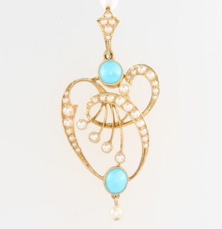 An Edwardian 15ct turquoise and seed pearl pendant 