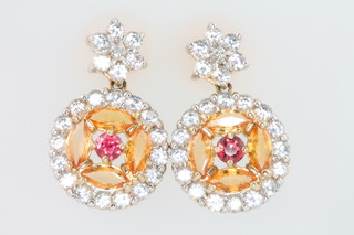 A pair of 9ct yellow gold gem set ear drops 