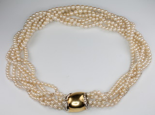A 7 strand cultured pearl necklace with an 18ct yellow gold diamond set clasp 42cm 