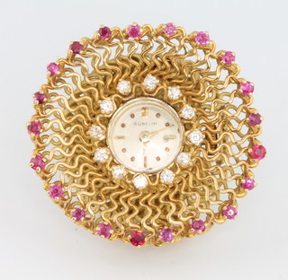 Gubelin A vintage 18ct yellow gold diamond and ruby set lady's watch brooch set with 12 brilliant cut diamonds and 21 brilliant cut rubies, 30mm 