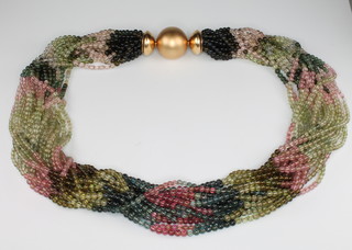 A 20 strand multi coloured tourmaline necklace with a yellow gold clasp 41cm 