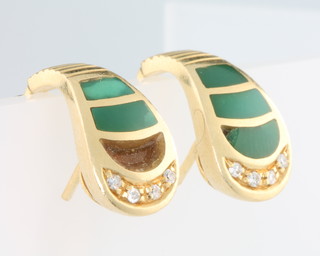 A pair of 18ct yellow gold malachite and diamond ear clips 10.9 grams gross 