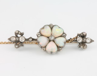 A Victorian gold opal and diamond floral bar brooch 42mm x 14mm 