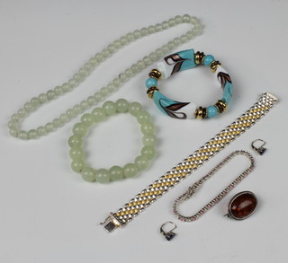 A Murano glass bracelet, a jadeite necklace and bracelet, 2 silver bracelets, a brooch and a pair of ear clips 
