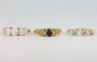 A 14ct yellow gold gem set ring, 2 9ct ditto, sizes Q