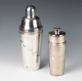 An Art Deco silver plated cocktail shaker with cocktail listings and ingredients, 26cm together with a plated flask and 3 beakers 