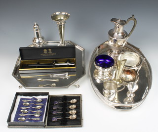 An octagonal plated salver raised on pad feet 36cm, an oval galleried tray and minor plated items