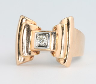 A Continental yellow gold Art Deco style diamond set cocktail ring size R 