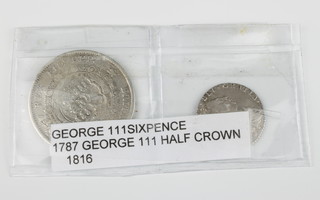 A George III sixpence 1787 and a George III half crown 1816