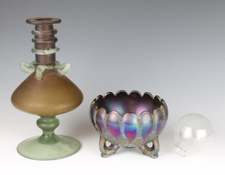 A purple Carnival glass moulded Lotus bowl 15cm, a Studio glass vase 24cm and a globular clear glass vase 8cm 