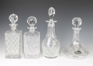 A ships decanter with silver port label 24cm, 2 square spirit decanters 25cm, 27cm and a mallet do. 31cm 