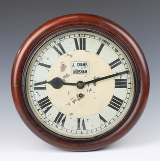 Of Horsham interest.  Jury Cramp (1874-1946) a fusee wall clock, the 31cm painted dial with Roman numerals marked J. Cramp Horsham, the 11cm brass back plate marked Thameside no. 9940, contained in a mahogany case complete with key and pendulum (Jury Cramp was the founder of Jury Cramps Jewellers and Opticians based in Horsham) 