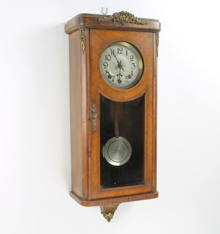 A French chiming wall clock with 17cm silvered dial and Arabic numerals, contained in a Kingwood and gilt mounted case 