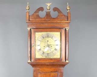 Thomas Hall of Rumsey, an 18th Century 8 day striking longcase clock with 30cm square gilt dial, gilt spandrels, silvered chapter ring, subsidiary second hand and calendar aperture, contained in an oak case complete with pendulum and weights 205cm h 