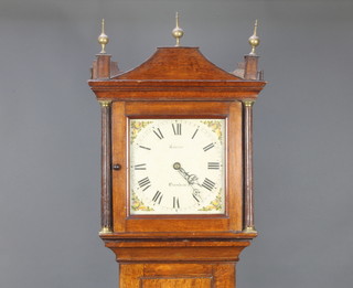 Of Horsham interest, Brazio Cantoni of Horsham 1820-1849, 30 hour longcase clock having a 28cm square painted dial marked Cantoni Hosham, the spandrels painted apples, striking on a bell, complete with weight and pendulum, contained in an oak case, 203cm high