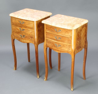 A pair of French Kingwood bedside chests with marble veined tops fitted 3 long drawers with brass mounts raised on cabriole supports 70cm h x 40cm w x 33cm d 