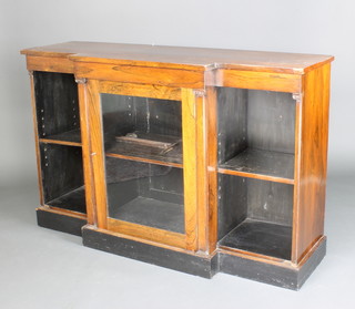 A Victorian rosewood  breakfront bookcase/display cabinet, the centre section fitted a cupboard enclosed by glazed panelled doors and supported by a pair of ionic columns flanked by a pair of recesses fitted adjustable shelves 90cm h x 141cm w x 45cm d 
