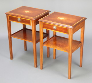 A pair of Georgian style Ministry of Defence inlaid mahogany 2 tier bedside tables, the tops inlaid an urn and cover, fitted a drawer and raised on square tapered supports  60cm h x 40cm w x 32cm d 