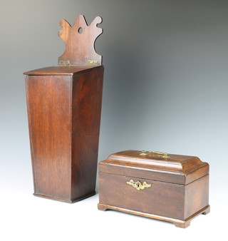 An 18th Century elm candlebox with hinged lid 49cm h x 17cm w x 13cm d together with a rectangular Georgian mahogany 3 section caddy with hinged lid raised on bracket feet 15cm h x 23cm w x 13cm d 