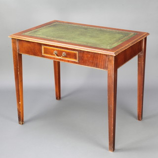 An Edwardian style inlaid mahogany writing table with crossbanded top and green leather writing surface fitted 1 short drawer raised on square tapered supports 76cm h x 89cm w x 59cm d 