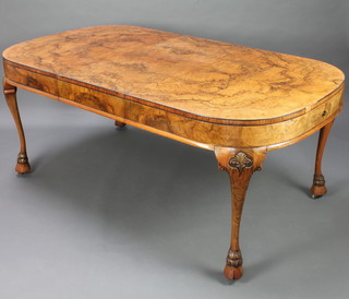 A Queen Anne style figured walnut extending dining table raised on cabriole supports with 1 extra leaf, 76cm h x 99cm w x 137cm l  x 183cm l with the extra leaf  